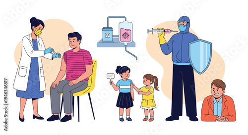 Collection of medical illustrations shows a person getting a vaccine, lab equipment, and a scientist in protective gear.