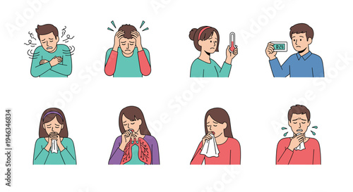 Diverse group of people are showing various symptoms of illness such as fever, cough, and headache for medical education.