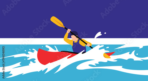 Man is wearing a life jacket and paddling a red kayak through splashing white waves in a deep blue ocean or river.