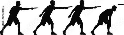 Frisbee player silhouette sequence, flying disc throw action steps isolated black vector illustration sports activity training conceptt