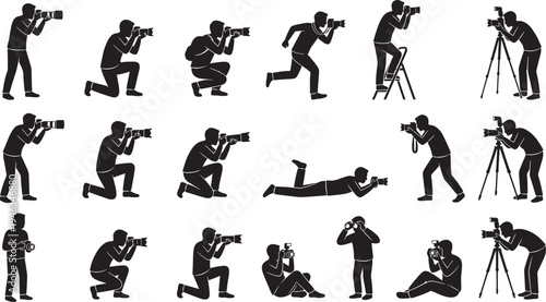 Photographer silhouette collection, professional camera shooting poses, photojournalist media press photography vector illustration set