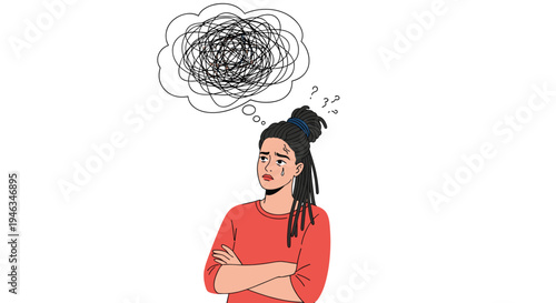 Stressed young woman with dreadlocks has a thought bubble filled with tangled lines representing complex problems.