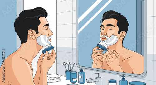 Handsome young man carefully shaving his face with foam in front of a bathroom mirror during his daily morning hygiene and grooming routine.