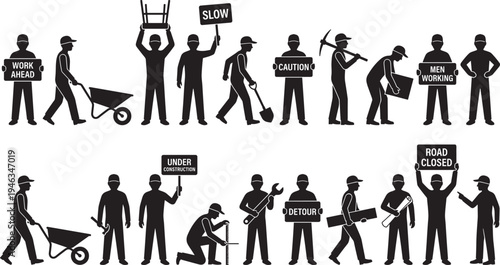 Road construction worker silhouette set, builders holding caution signs tools wheelbarrow industrial work icons