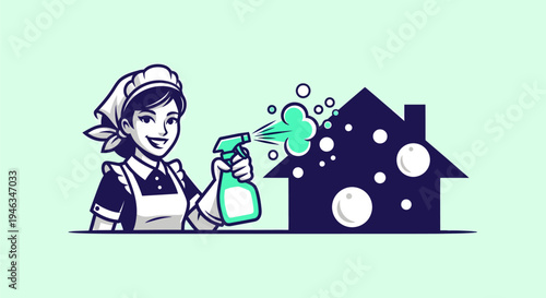 Woman cleaning house with spray bottle and bubbles.
