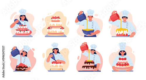 Skilled pastry chefs and bakers decorating various beautiful multi-tiered cakes with cream, frosting, and fresh strawberries in a kitchen.
