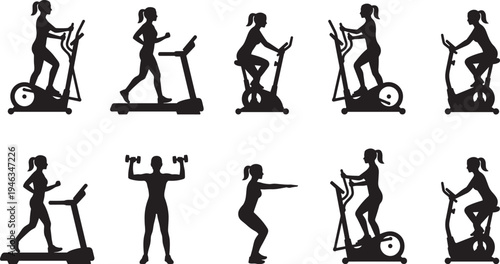 Women fitness workout silhouette set, female running treadmill cycling exercise gym training activity icons