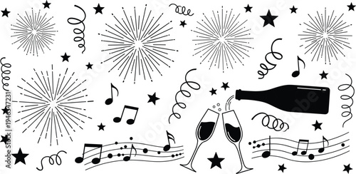 Cad drawing flat vector illustration of celebration icons featuring fireworks, champagne bottle, toasting glasses, music notes, stars, and party streamers.