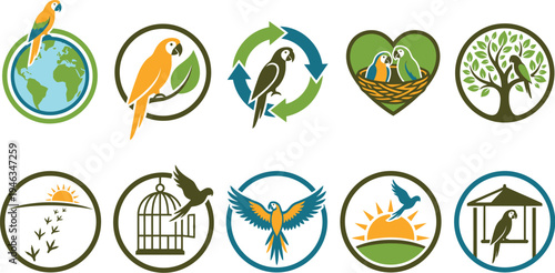 Parrot conservation outline icon pack. Line signs parrot on globe, leaf, recycling, nest, habitat, footprint, cage-free, wings, sun, and safe shelter