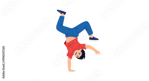 Energetic young boy performing a skillful handstand or breakdance move on a plain white background showing off his athletic balance and agility.