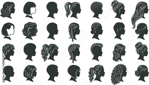 Women hairstyle silhouette collection, female head profiles with diverse hair styles beauty avatar icons set