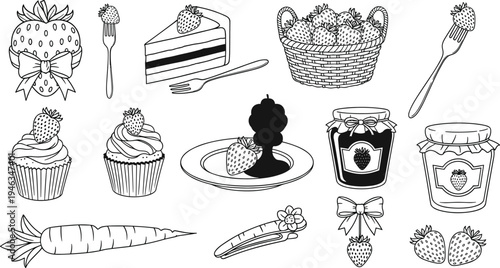 Cad drawing flat vector illustration of strawberry icons featuring cake, cupcakes, jam jars, fruit basket, and berries with decorative bows.