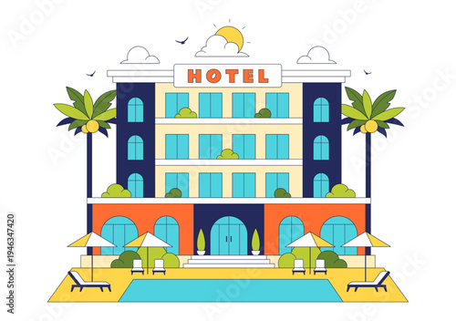 Modern City Hotel Building Illustration Featuring Urban Architecture, Palm Trees, Luxury Accommodation Exterior, Travel Tourism Hospitality Design