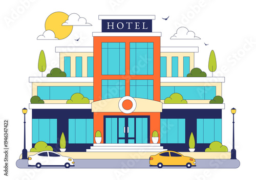 Modern City Hotel Building Illustration Featuring Urban Architecture, Palm Trees, Luxury Accommodation Exterior, Travel Tourism Hospitality Design