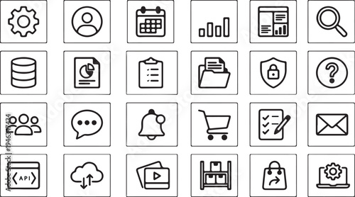A collection of simple black and white line icons representing various digital concepts and functionalities high-quality professional detailed modern elegant