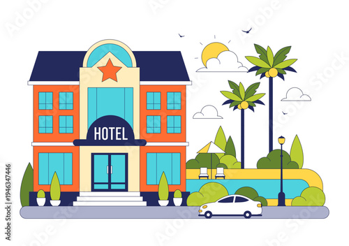Modern City Hotel Building Illustration Featuring Urban Architecture, Palm Trees, Luxury Accommodation Exterior, Travel Tourism Hospitality Design