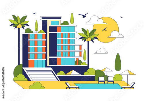 Modern City Hotel Building Illustration Featuring Urban Architecture, Palm Trees, Luxury Accommodation Exterior, Travel Tourism Hospitality Design