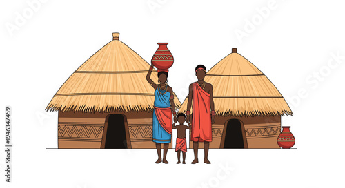 Traditional African family standing together in front of their thatched-roof huts in a rural village setting wearing vibrant ethnic clothing.