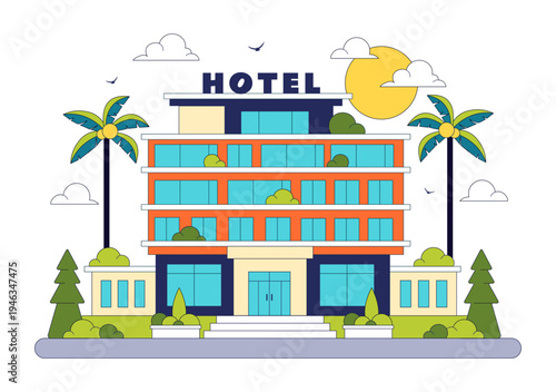 Modern City Hotel Building Illustration Featuring Urban Architecture, Palm Trees, Luxury Accommodation Exterior, Travel Tourism Hospitality Design