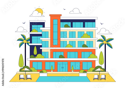 Modern City Hotel Building Illustration Featuring Urban Architecture, Palm Trees, Luxury Accommodation Exterior, Travel Tourism Hospitality Design