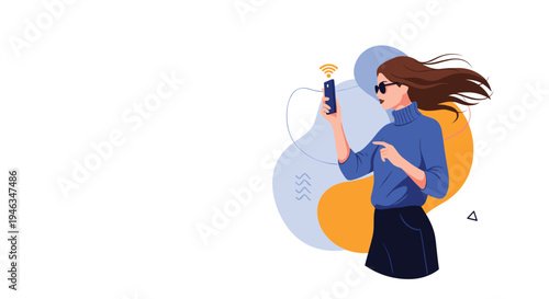 Stylish young woman wearing a blue turtleneck and sunglasses uses her smartphone while standing against a colorful abstract graphic backdrop.