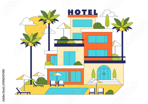Modern City Hotel Building Illustration Featuring Urban Architecture, Palm Trees, Luxury Accommodation Exterior, Travel Tourism Hospitality Design