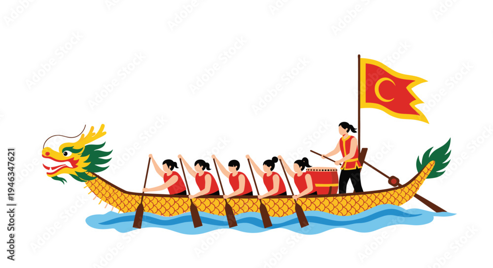 Naklejka premium Team of rowers participating in a traditional dragon boat race on the water with a drummer and a decorative flag during a cultural festival.
