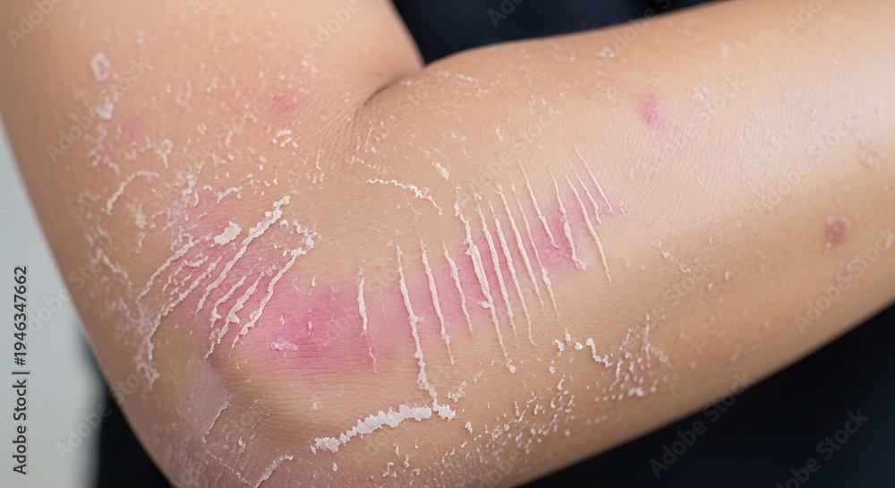 Fototapeta premium Close up of dry flaky skin on an elbow with redness and irritation.