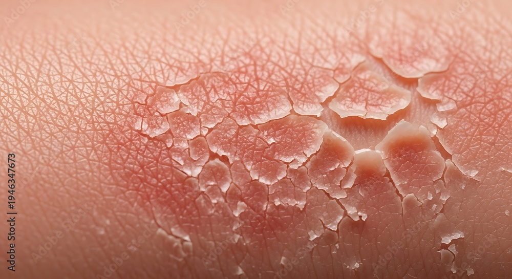 Fototapeta premium Close up of dry flaky skin with redness and peeling texture.