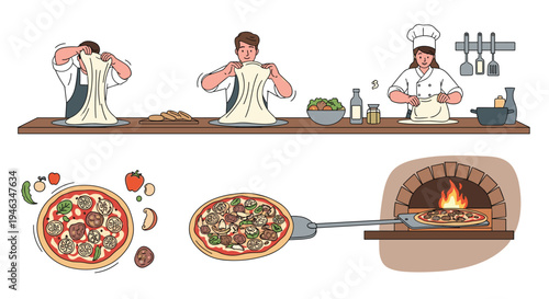 Master chefs preparing handmade pizza dough and baking delicious pizzas in a traditional stone oven at a professional Italian restaurant.