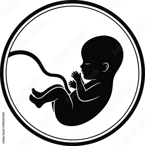 Black Silhouette Vector Illustration of a Human Fetus in the Womb with Umbilical Cord Symbolizing Pregnancy Prenatal Development Motherhood and New Life Growt
