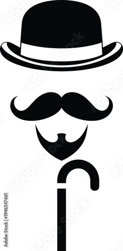 Elegant minimalist black and white vector illustration of a vintage gentleman featuring a bowler hat, mustache, goatee beard, and walking cane for professional branding.