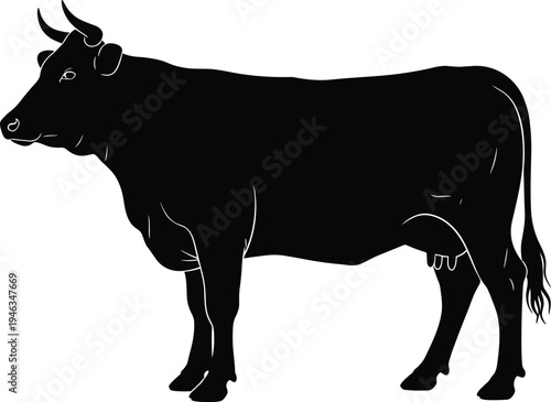 Solid black silhouette of a standing dairy cow with horns isolated on a white background, perfect for farm animal graphics and agricultural branding designs.