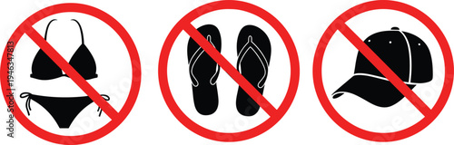 Collection of black dress code icons featuring prohibited bikini, flip flops, and baseball cap signs isolated on white background for official policy design.