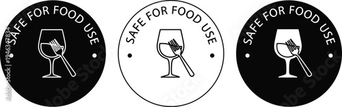 Collection of black and white circular stickers with wine glass and fork symbols labeled safe for food use for kitchenware and packaging design.