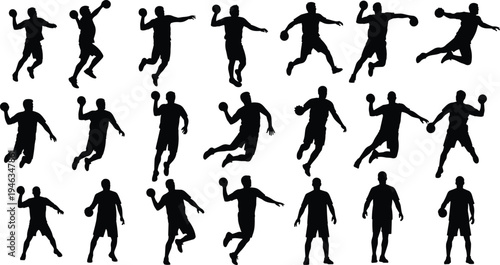Handball players silhouette collection set, men sport throwing action poses bundle, cad drawing flat vector illustration isolated on white background
