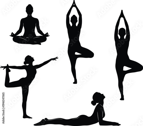 Diverse collection of graceful ballerinas and gymnasts performing dynamic dance poses, rhythmic stretches, and athletic handstands in colorful flat vector illustrations for creative design.