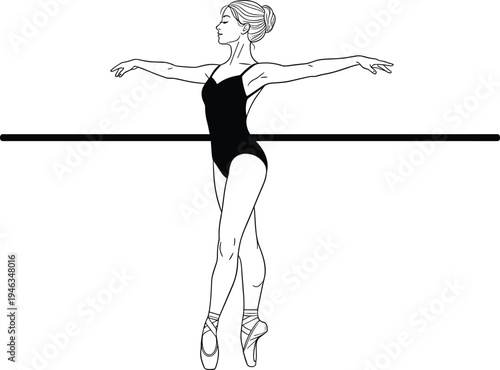 Elegant black and white line art illustration of a graceful ballerina performing a ballet pose at a barre, minimalist dancer sketch for art.