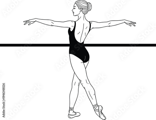 Elegant black and white line art illustration of a graceful ballerina performing a ballet pose at a barre, minimalist dancer sketch for creative artistic design.