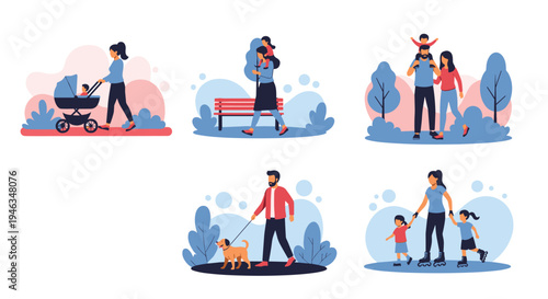 Set of various people enjoying a day in the park through activities like walking a dog, pushing a stroller, and roller skating with kids.