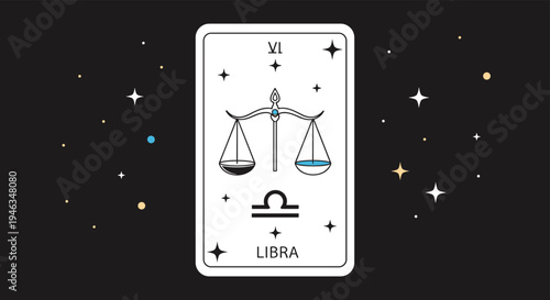 Stylized tarot card design for the Libra zodiac sign featuring an icon of scales against a dark night sky filled with stars and sparkles.