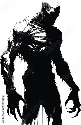 Dark and eerie black silhouette of a muscular monster with sharp claws and dripping liquid textures representing horror fantasy creature design for halloween and spooky concepts