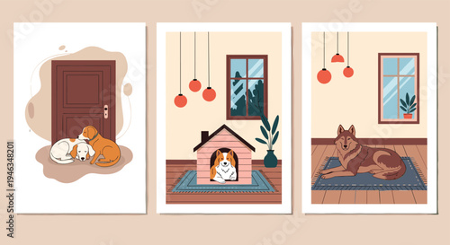 Set of three dog posters showing pets in various home settings including doorway doghouse and relaxing on cozy indoor rug.