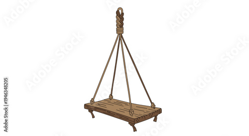 Simple wooden swing hanging from sturdy ropes against a white background represents childhood play and outdoor relaxation.