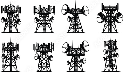 Black silhouette icons of telecommunication towers including cellular antennas, satellite dishes, radio masts, and network transmission towers isolated on a white background for technology design.