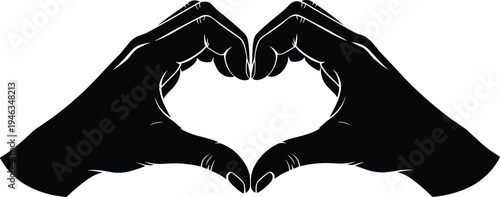 Black silhouette of hands forming a heart shape gesture isolated on white background for love romantic concept kindness charity and community support graphic
