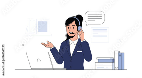 Professional woman working in customer support wears headset and uses laptop at office desk to help clients with inquiries.