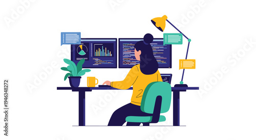 Female software developer works at desk with dual monitors displaying data charts and code for tech and data analysis.