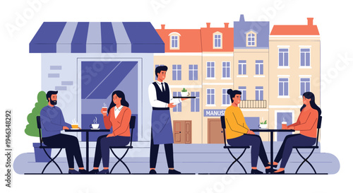 Customers enjoy coffee and conversation at outdoor cafe tables while a waiter brings orders in a charming street scene.