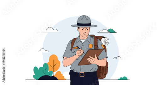 Male park ranger in official uniform with backpack writes on clipboard while standing in nature park with trees and sky.
